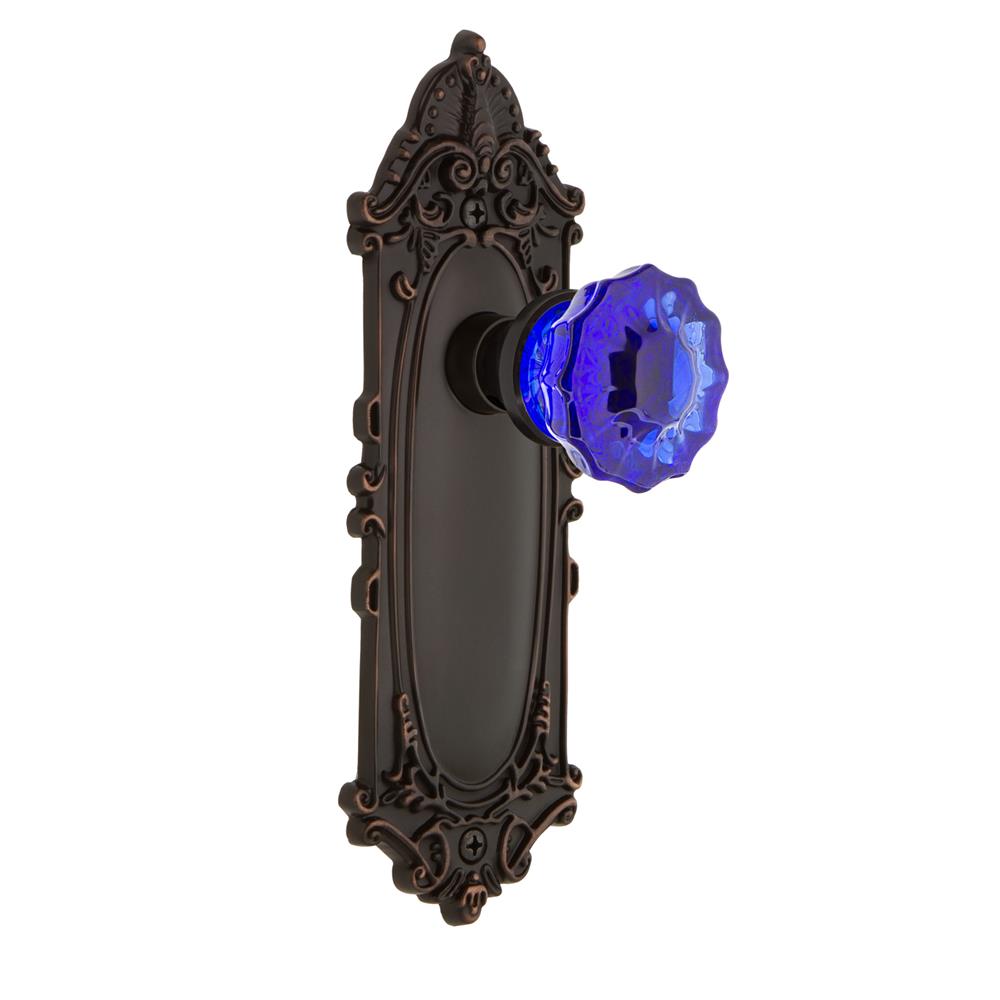 Nostalgic Warehouse VICCRC Colored Crystal Victorian Plate Passage Crystal Cobalt Glass Door Knob in Timeless Bronze